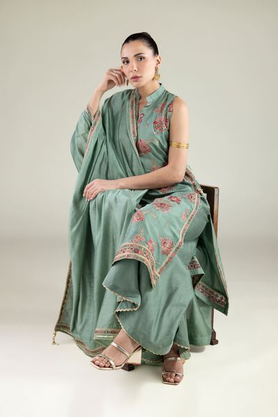 Embroidered | Raw Silk | Sleeveless Longline Kurta | AED 75.00