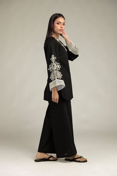Embroidered | Cotton Dobby | Black Cotton Pants | AED 80.00