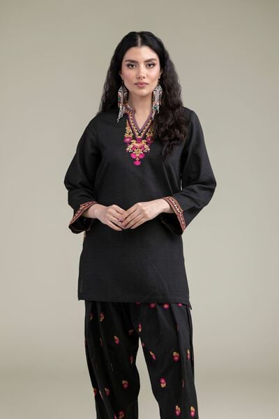 Embroidered | Cotton Dobby | Black V-Neck Kurta | AED 130.00