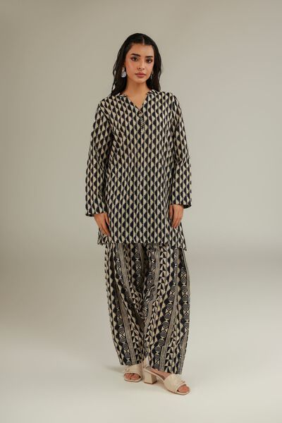 Printed | Textured Cotton | Relaxed Geometric Pants | AED 90.00