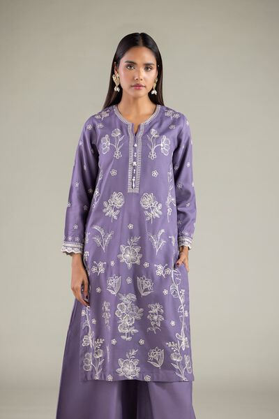 Embroidered | Raw Silk | Floral V-Neck Kurta | AED 138.00