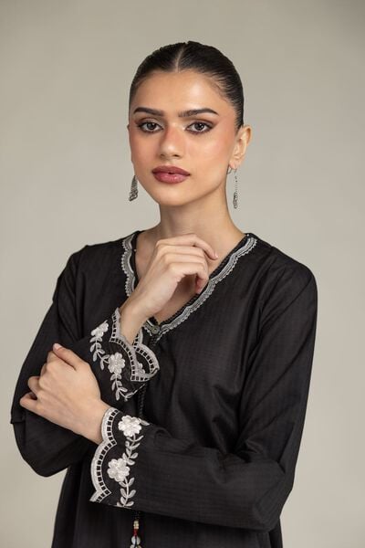Embroidered | Cotton Dobby | Black V-Neck Kurta | AED 130.00