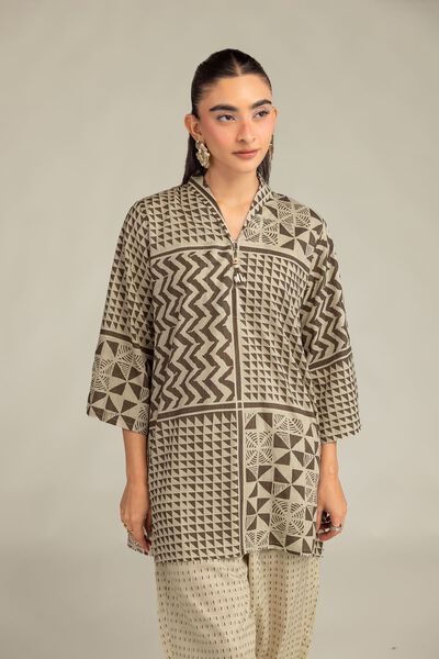 Printed | Cambric | Beige V-Neck Kurta | AED 150.00