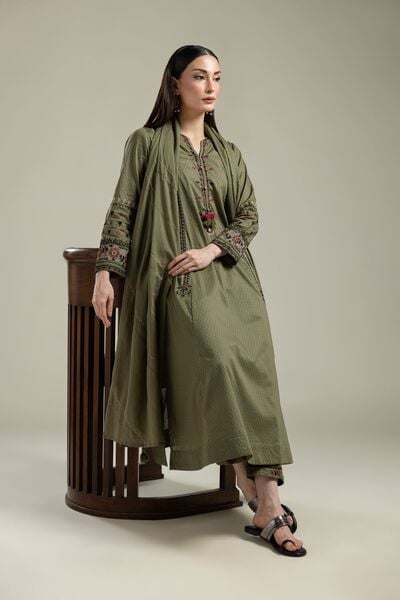 Embroidered |Cotton Dobby | Olive Floral Kurta | AED 150.00
