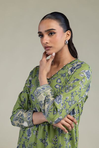 Printed | Cambric | Floral Green Kurta | AED 150.00