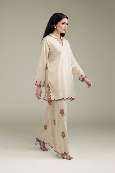 Embroidered | Cotton Dobby | Beige Cotton Pants | AED 180.00