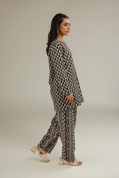 Printed | Textured Cotton | Relaxed Geometric Pants | AED 90.00
