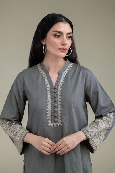 Embroidered | Cotton Dobby | Gray Cotton Kurta | AED 200.00