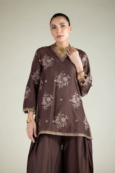 Embroidered | Raw Silk | Floral V-Neck Kurta | AED 115.00