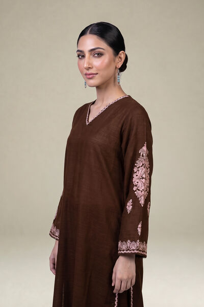 Embroidered | Light Khaddar | Brown V-neck Kurta | AED 200.00