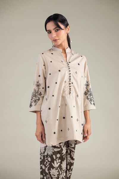 Embroidered | Cotton Dobby | Beige Floral Kurta | AED 180.00