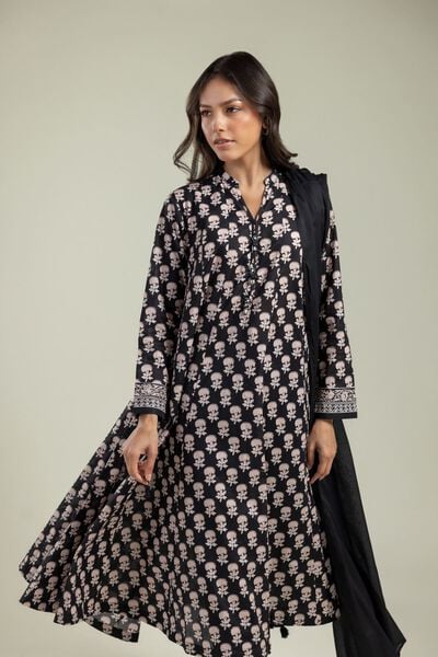 Printed | Cambric | V-Neck Black Kurta | AED 180.00