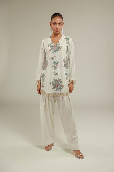 Embroidered | Raw Silk | Floral V-Neck Kurta | AED 140.00