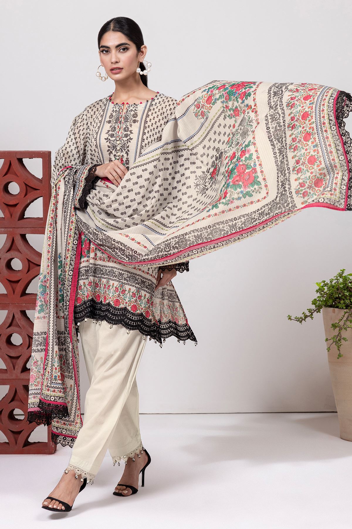 Off White Soft Khaadi Peacock Embroidered Digital Print Summerish Coord set main image 1